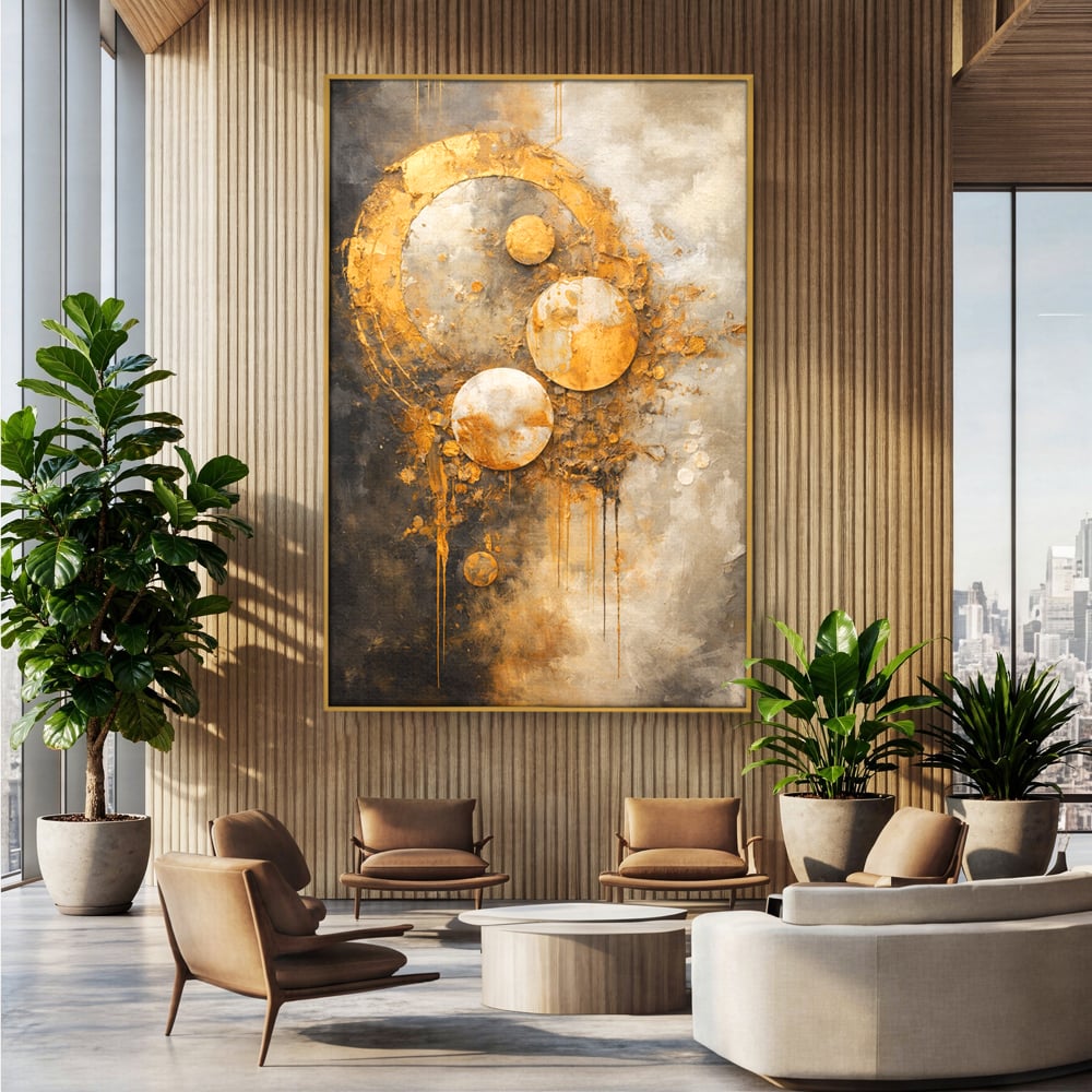 Tablou canvas cu tablou canvas abstract cu cercuri aurii, in rama de aluminiu auriu, pe perete intr-un birou